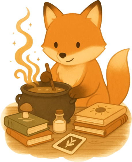 Zorrito preparando una poción mágica con libros alrededor