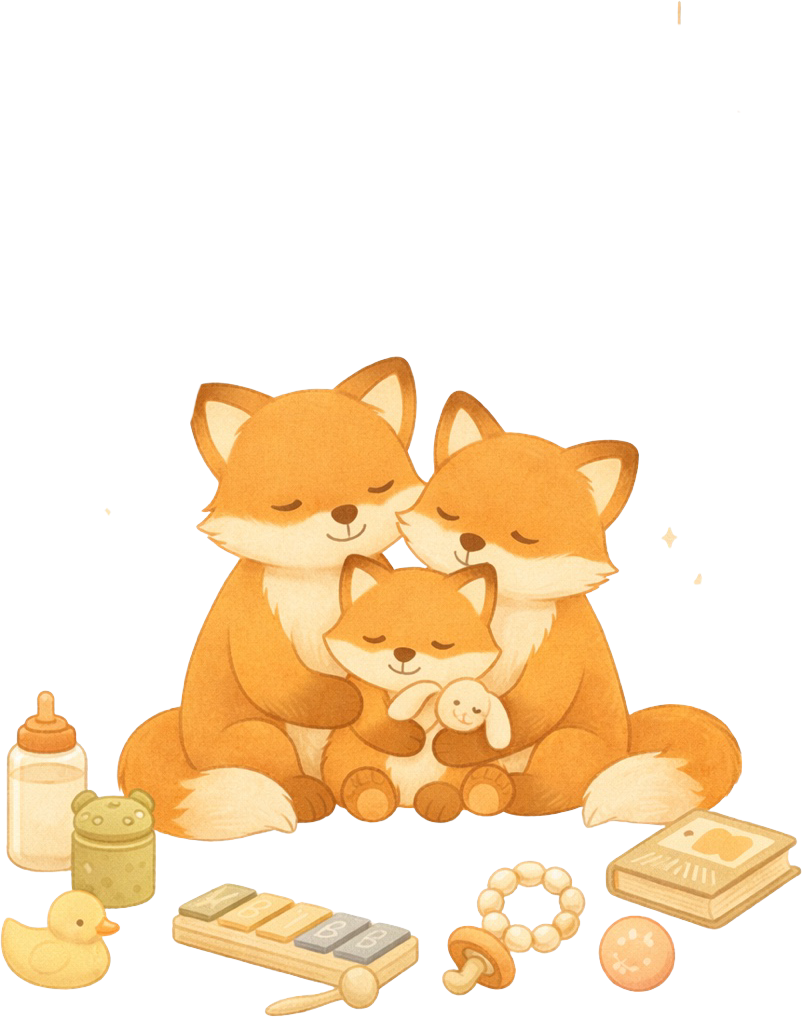 Familia de zorritos abrazándose entre juguetes de bebé